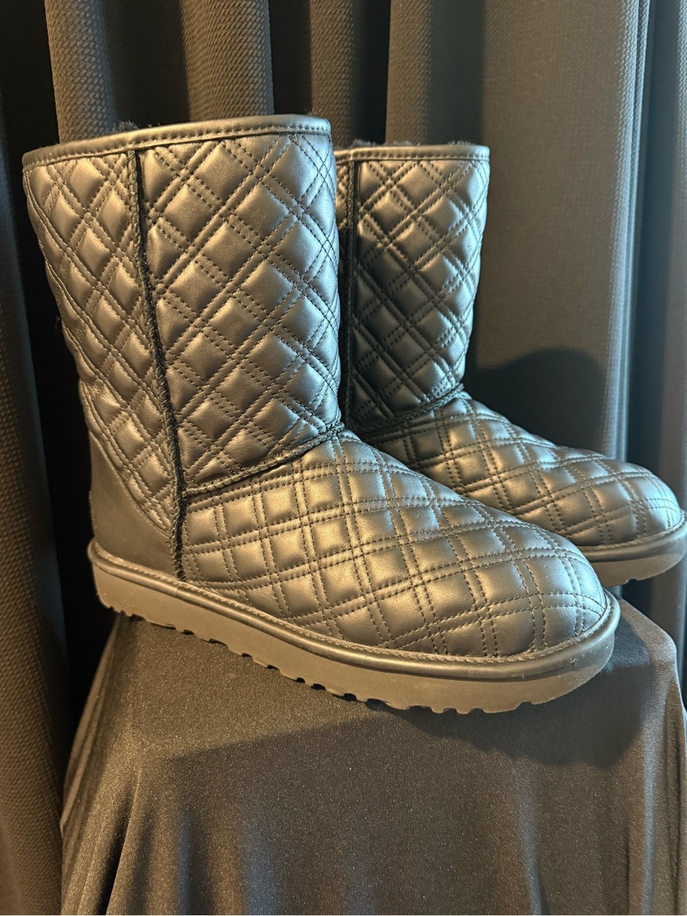 UGG Quilted Black Leather-Style Mid-Calf Boots